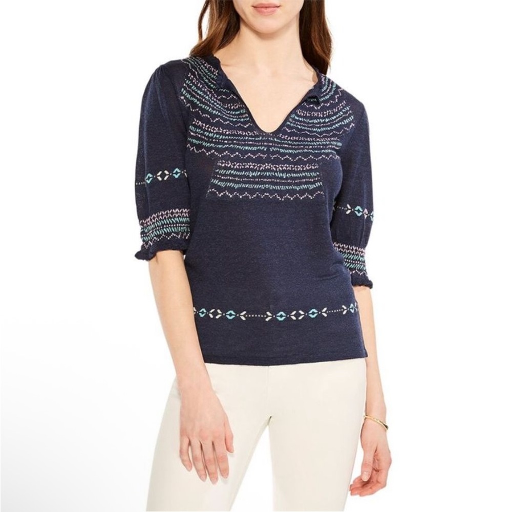 NIC+ZOE Navy and Teal Patterned Sweater